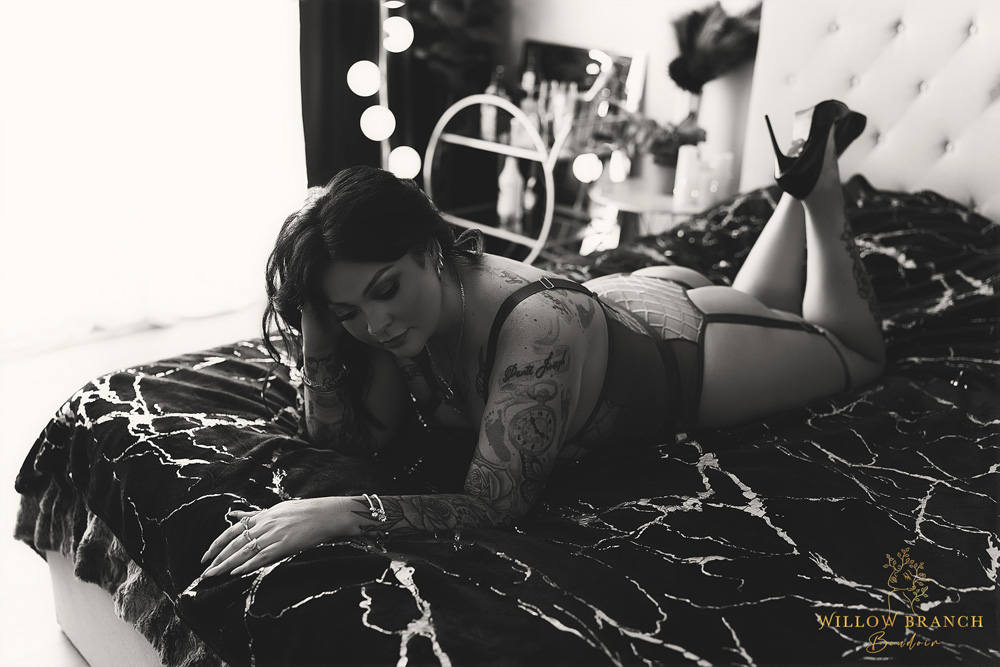 Boudoir photography Gold Coast intimate studio photo shoot with luxury styling, photo in black and white