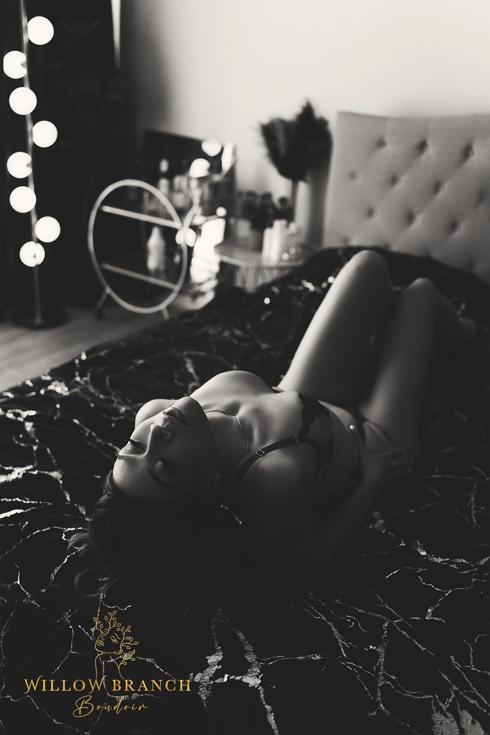 Gold Coast boudoir photo session showcasing natural beauty and empowerment in black and white