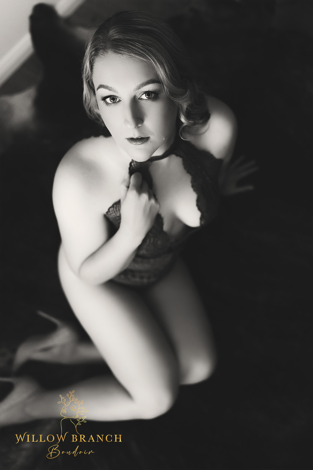 Gold Coast boudoir photo in black and white with soft romantic lighting.