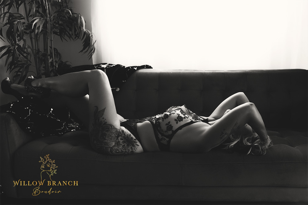 Gold Coast boudoir photo session showcasing natural beauty and empowerment in black and white photo
